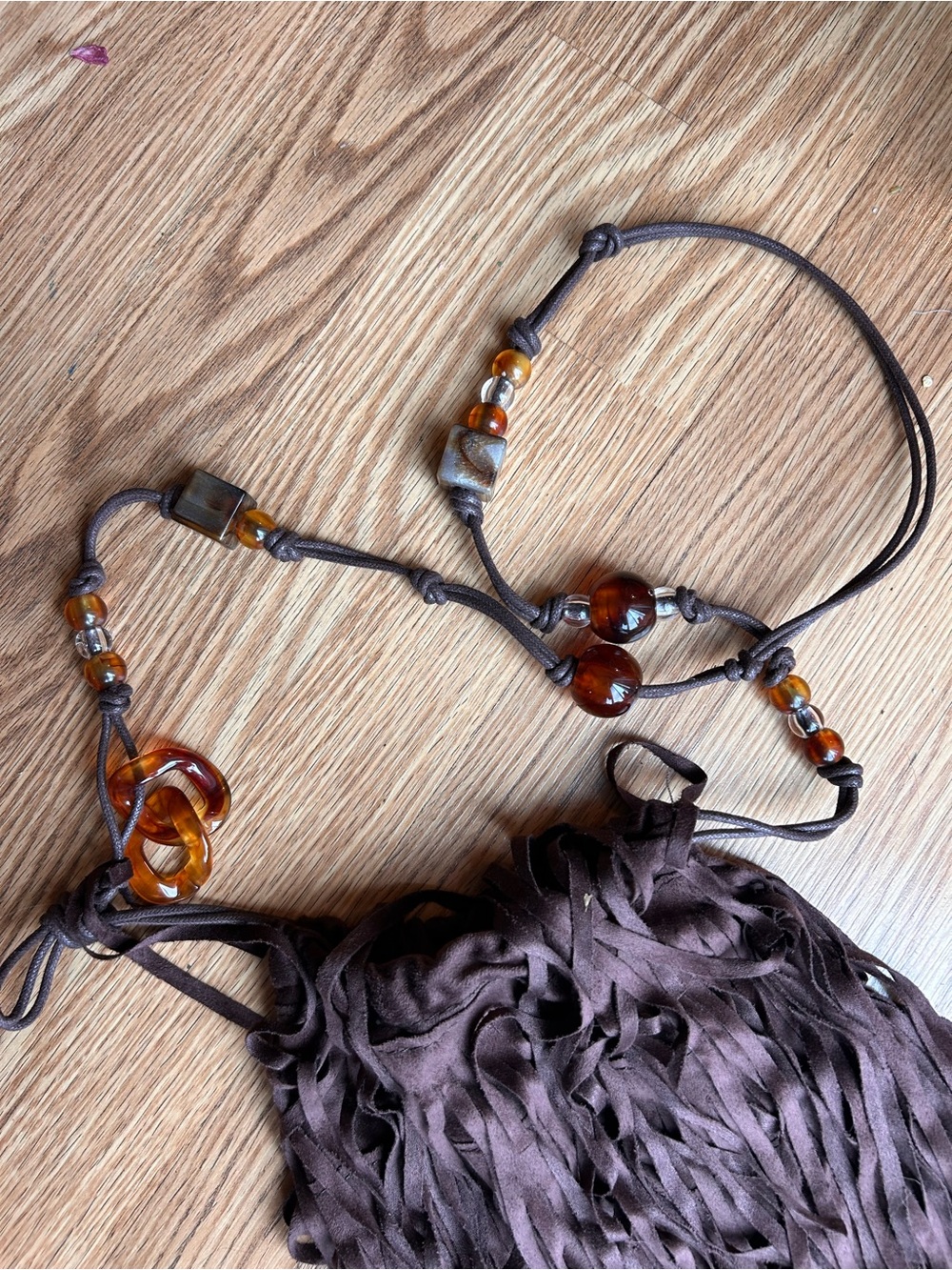 Fringed Brown Beaded Crossbody Bag - Picture 3 of 4